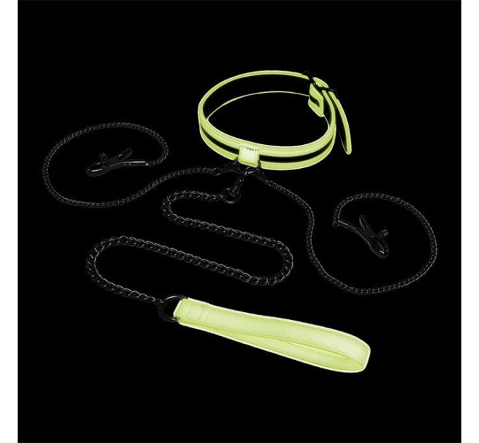 Нашийник із затискачами для сосків люмінесцентний Whipsmart Glow In The Dark, зелений