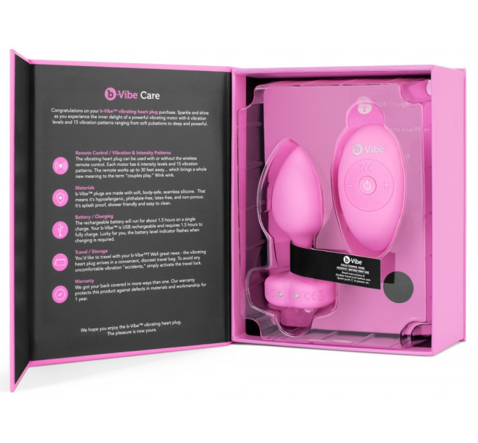 Анальная пробка с вибрацией и пультом управления B-Vibe Vibrating Heart Plug S/M Pink
