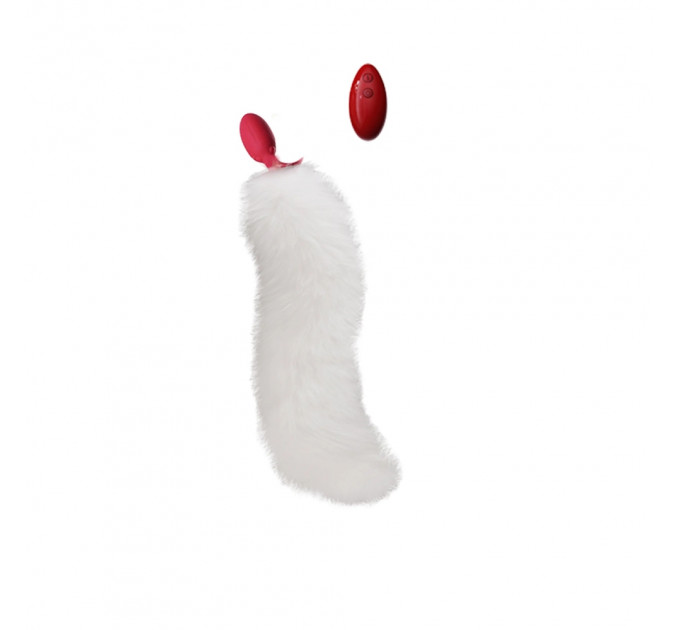 Анальная вибропробка с ротацией UPKO с натуральным лисьим хвостом и пультом, белый