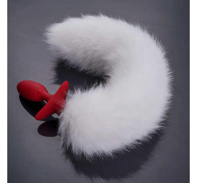 Анальная вибропробка с ротацией UPKO с натуральным лисьим хвостом и пультом, белый