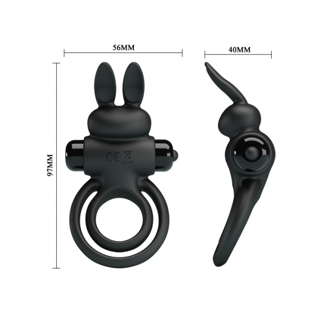 Ерекційне віброкільце з кроликом Pretty Love Bunny III подвійне, чорне, 9.7 х 4 см