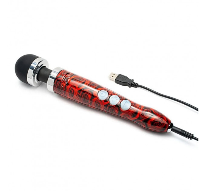 Масажер-мікрофон Doxy Die Cast 3R Wand Vibrator Rose Pattern, червоний, з трояндами.