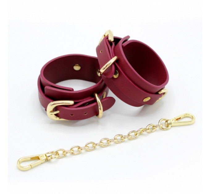 Наручники з екошкіри бордові Romfun Handcuff із золотистою фурнітурою
