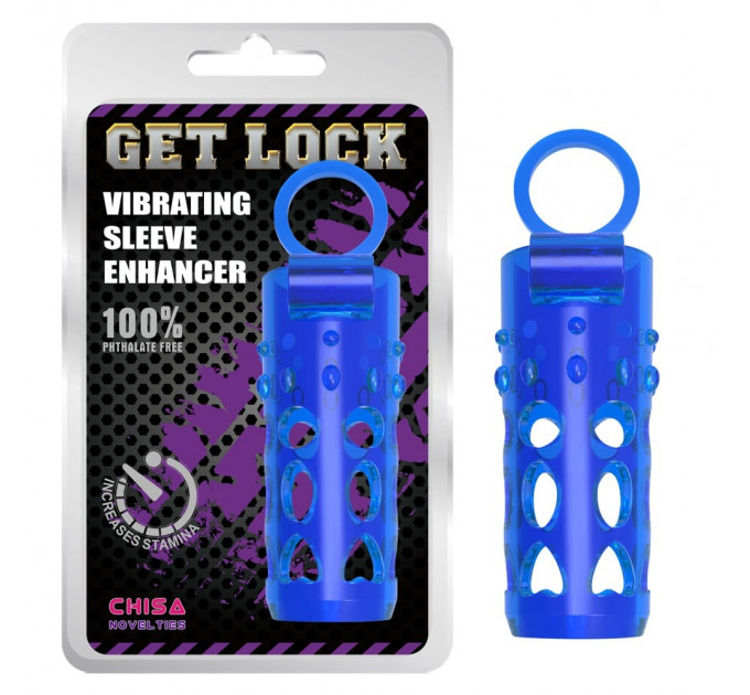 Насадка на пенис рельефная Chisa Get Lock с кольцом на мошонку и местом для вибропули, синяя