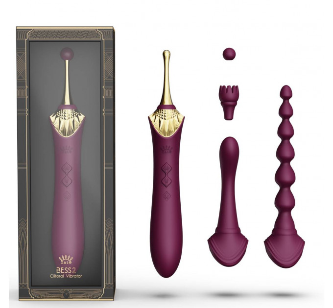 Вибратор двухсторонний универсальный ZALO BESS 2 Velvet Purple с 4 насадками и нагревом, фиолетовый