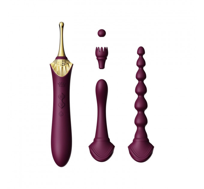 Вибратор двухсторонний универсальный ZALO BESS 2 Velvet Purple с 4 насадками и нагревом, фиолетовый