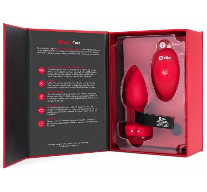 Анальная пробка с вибрацией и пультом управления B-Vibe Vibrating Heart Plug M/L Red