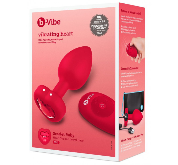 Анальная пробка с вибрацией и пультом управления B-Vibe Vibrating Heart Plug M/L Red