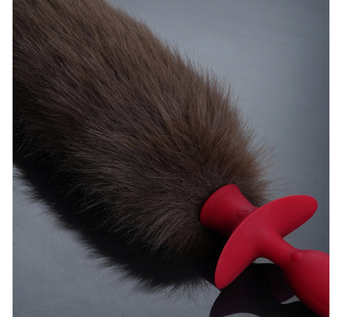 Анальна вібропробка з ротацією UPKO з натуральним лисячим хвостом і пультом, коричневий, 6,6 х 3 см