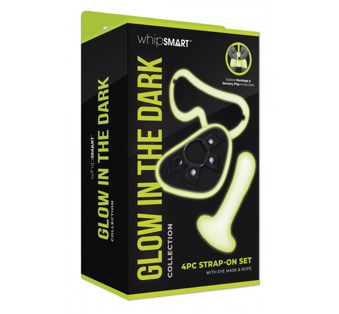 Набор БДСМ люминесцентный Whipsmart Glow In The Dark страпон, маска на глаза и веревка
