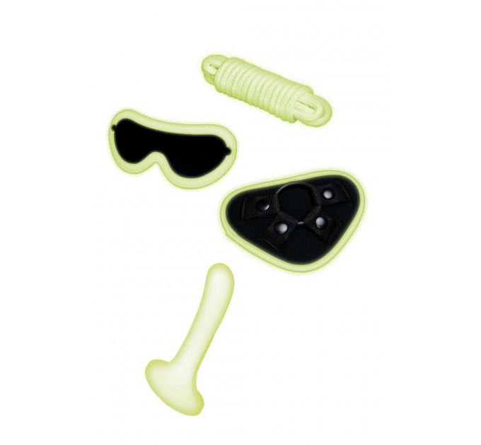 Набор БДСМ люминесцентный Whipsmart Glow In The Dark страпон, маска на глаза и веревка