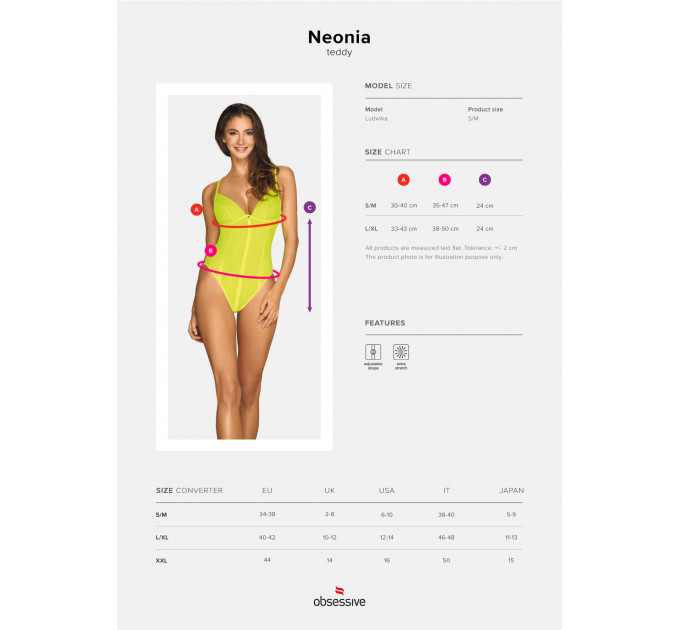 Неоново-желтый боди Obsessive Neonia со змейкой на спине, S/M
