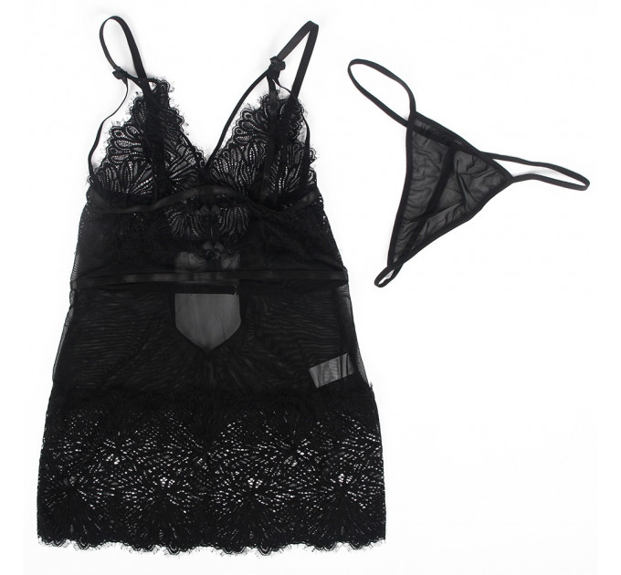 Пеньюар з трусиками Star Night з мереживом на топі та спідниці, чорний, XS-S