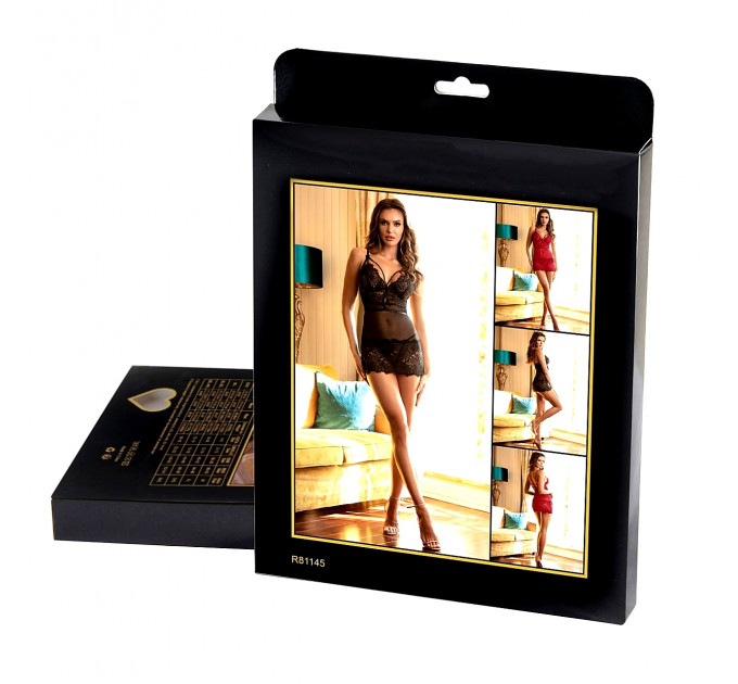 Пеньюар з трусиками Star Night з мереживом на топі та спідниці, чорний, XS-S