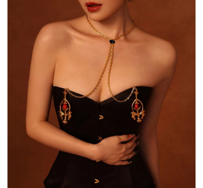 Зажимы для сосков UPKO Pulling Chain Nipple Clamps с цепочкой-ожерельем, золотистые