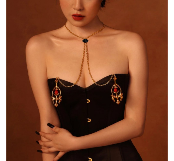 Зажимы для сосков UPKO Pulling Chain Nipple Clamps с цепочкой-ожерельем, золотистые