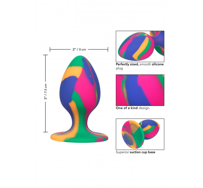 Анальная пробка силиконовая CalExotics Cheeky Tie-Dye Plug, разноцветная, Medium