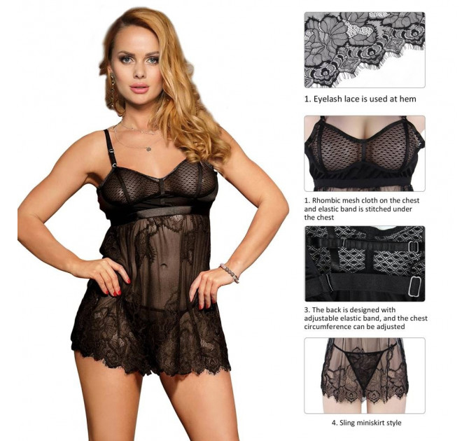 Пеньюар з трусиками Star Night з мереживом, чорний, XS-S