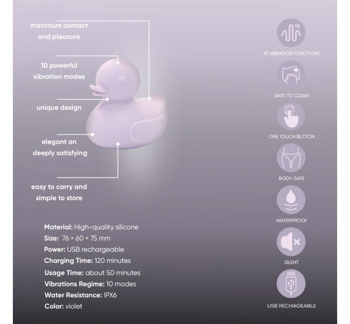 Вибратор для клитора в виде уточки Sweet Em, силиконовый, лавандовый