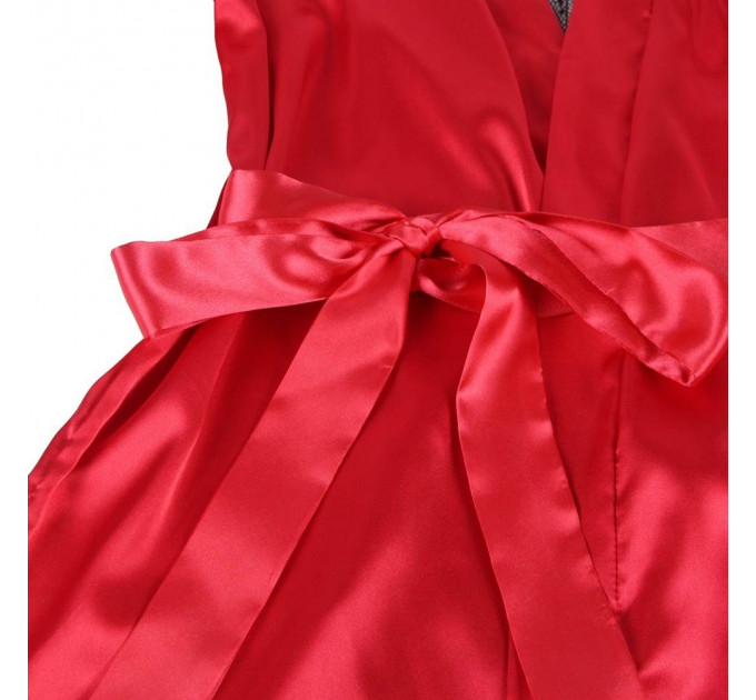 Халат с кружевной спинкой Star Night с поясом и стрингами, красно-чёрный, XS-S