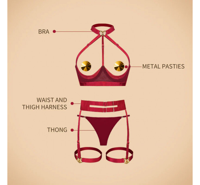 Комплект белья UPKO Lingerie Set с золотыми пэстисами, красный, One Size