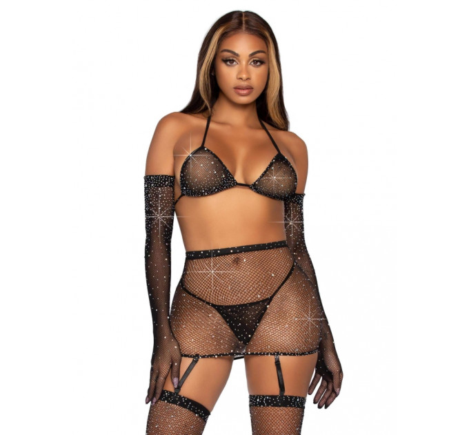 Комплект белья из сетки со стразами One Size Leg Avenue Rhinestone, черный