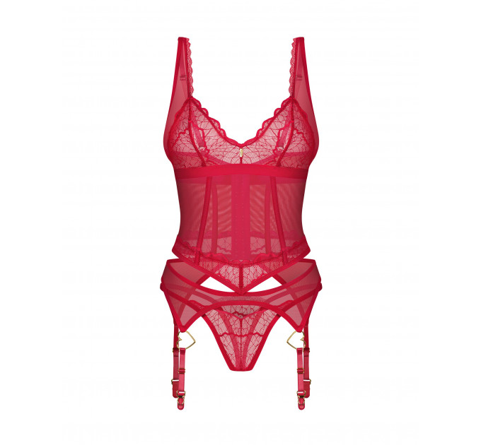 Корсет с пажами для чулок и стринги Obsessive Cupide Desir красный, S/M