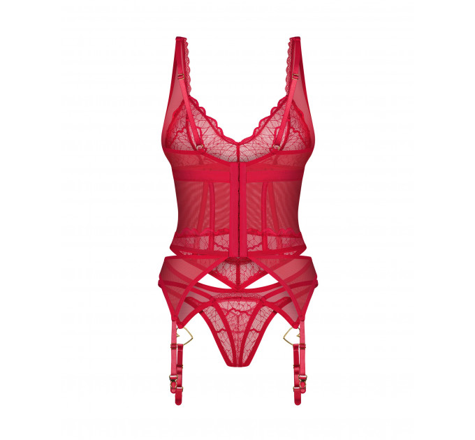 Корсет с пажами для чулок и стринги Obsessive Cupide Desir красный, S/M