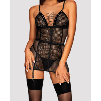 Сорочка в сеточку Obsessive Basitta со шнуровкой, черный, S/M