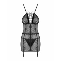 Сорочка в сеточку Obsessive Basitta со шнуровкой, черный, S/M
