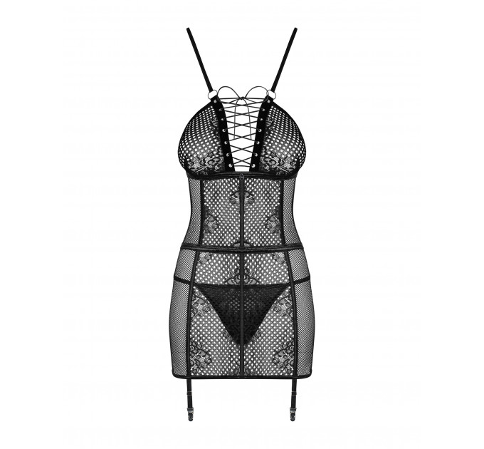 Сорочка в сеточку Obsessive Basitta со шнуровкой, черный, S/M