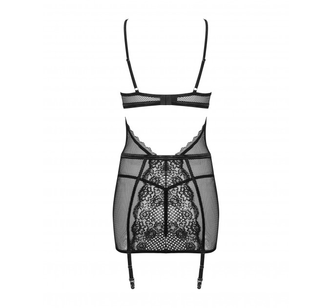 Сорочка в сеточку Obsessive Basitta со шнуровкой, черный, S/M