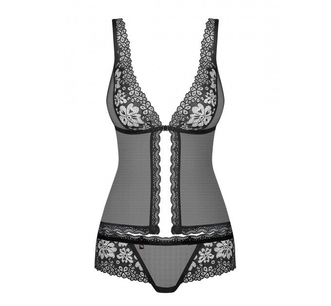 Бебідол прозорий Obsessive 856-BAB-1 з квітковим гіпюром, чорний, L/XL