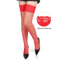 Панчохи в сіточку Star Night з мереживною коронкою та стразами, червоні, XS-M