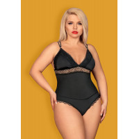 Эротическое боди из атласа с элементами кружева Obsessive Lolitte и открытой спиной, черный, XXL