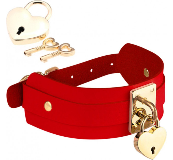 Нашийник широкий червоний Kinky Diva Collar Me із золотистим замочком у вигляді серця та ключиком