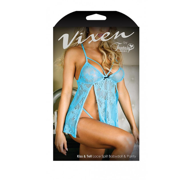 Пеньюар кружевной с трусиками Vixen Kiss Tell голубой, S/M