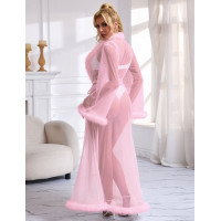 Халатик напівпрозорий Star Night з імітацією хутра та поясом, рожевий, XL-2XL