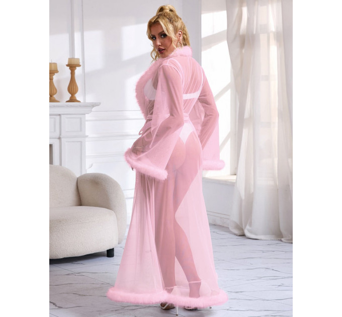 Халатик полупрозрачный Star Night с имитацией меха и поясом, розовый, XL-2XL