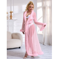 Халатик напівпрозорий Star Night з імітацією хутра та поясом, рожевий, XL-2XL