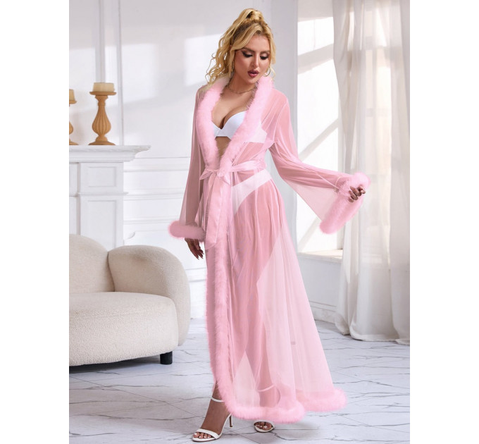 Халатик полупрозрачный Star Night с имитацией меха и поясом, розовый, XL-2XL
