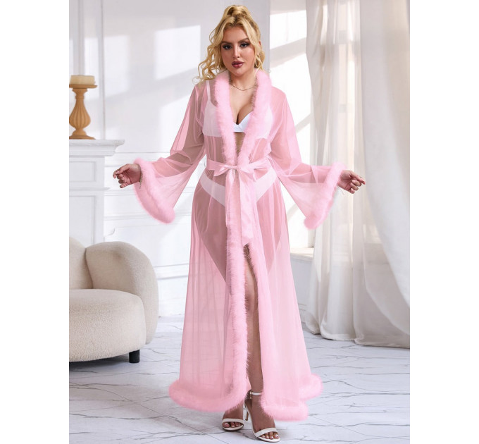 Халатик полупрозрачный Star Night с имитацией меха и поясом, розовый, XL-2XL