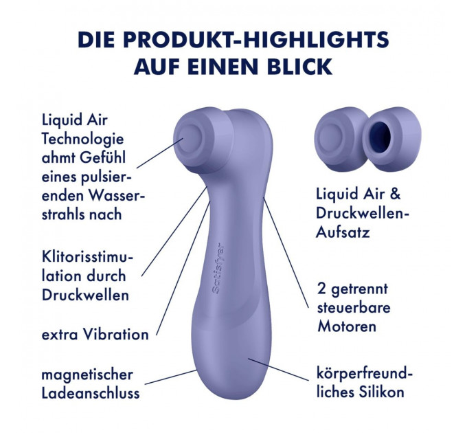 Вакуумний стимулятор клітора Satisfyer Pro 2 Generation 3 (у наборі дві силікон. насадки), фіолетовий