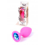 Анальная пробка с голубым кристаллом Plug-Jewellery Pink Silicon PLUG Medium- Light Blue Diamond