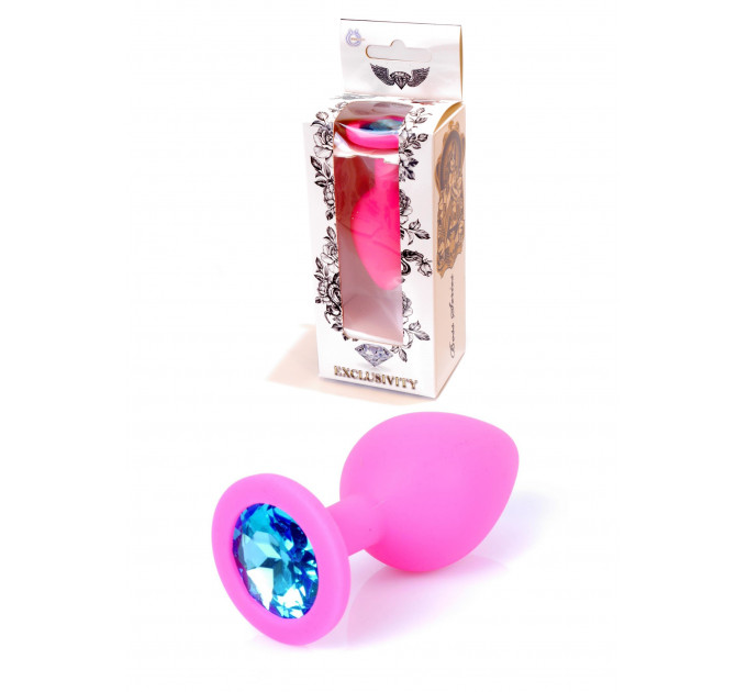 Анальная пробка с голубым кристаллом Plug-Jewellery Pink Silicon PLUG Medium- Light Blue Diamond