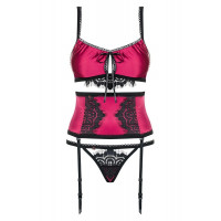 Комплект атласний з поясом для панчох Obsessive 861-SEG-5 бордовий, L/XL