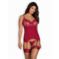 Корсет кружевной со стрингами Obsessive Rosalyne бордовый, L/XL