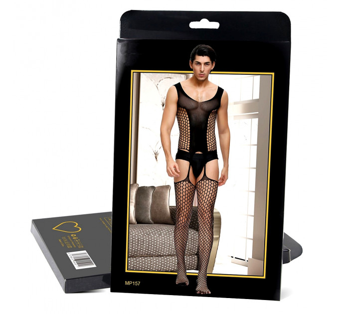Чоловічий бодістокінг сітка Star Night з імітацією панчохи, чорний, L-2XL