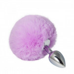 Металева анальна пробка з помпоном light purple S, 14 х 2,8 см
