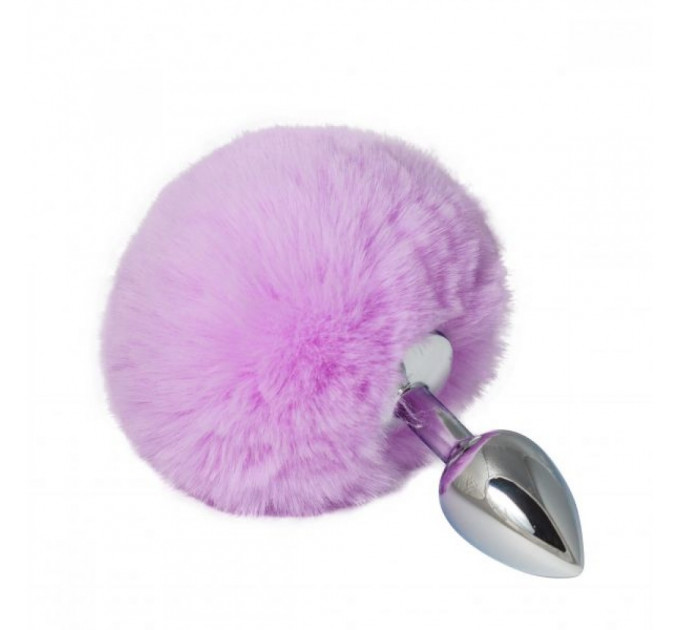 Металева анальна пробка з помпоном light purple S, 14 х 2,8 см